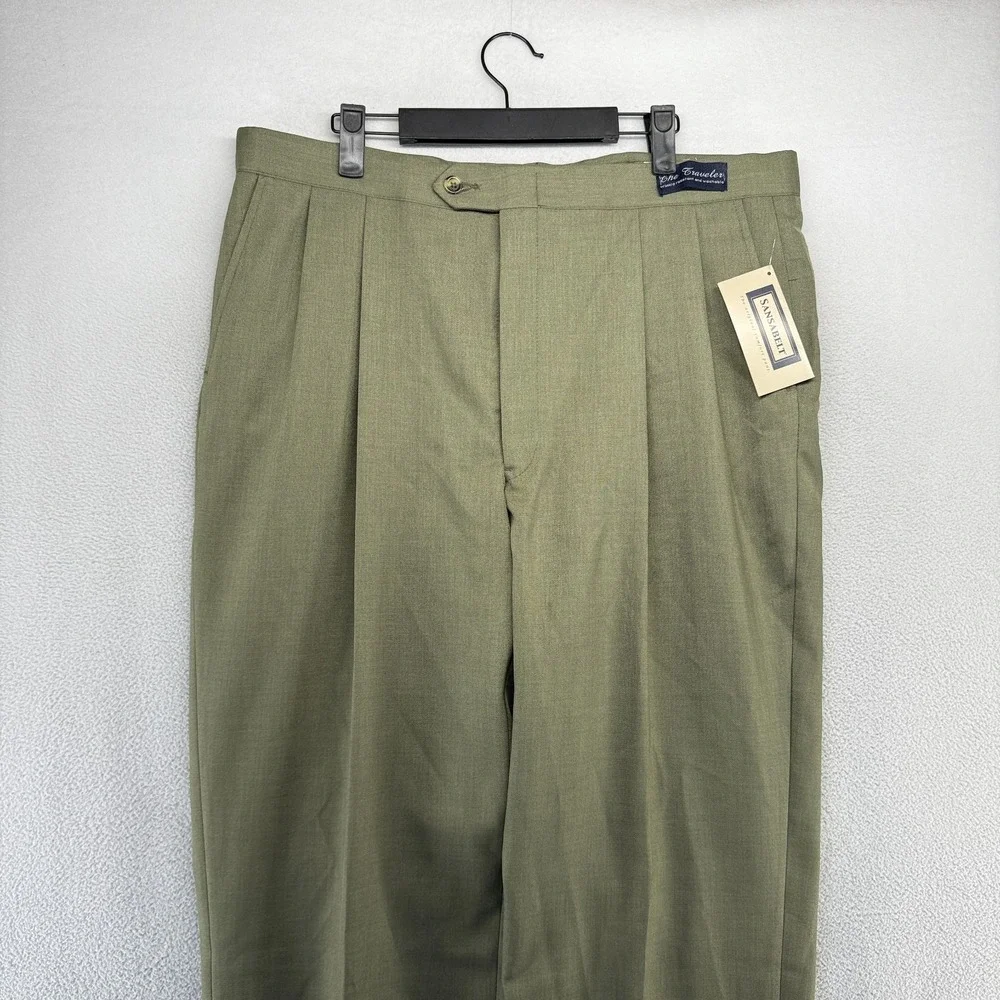 Vintage Sansabelt Dress Pants men's 37 Green  Trousers Unhemmed Raw Pleated NEW